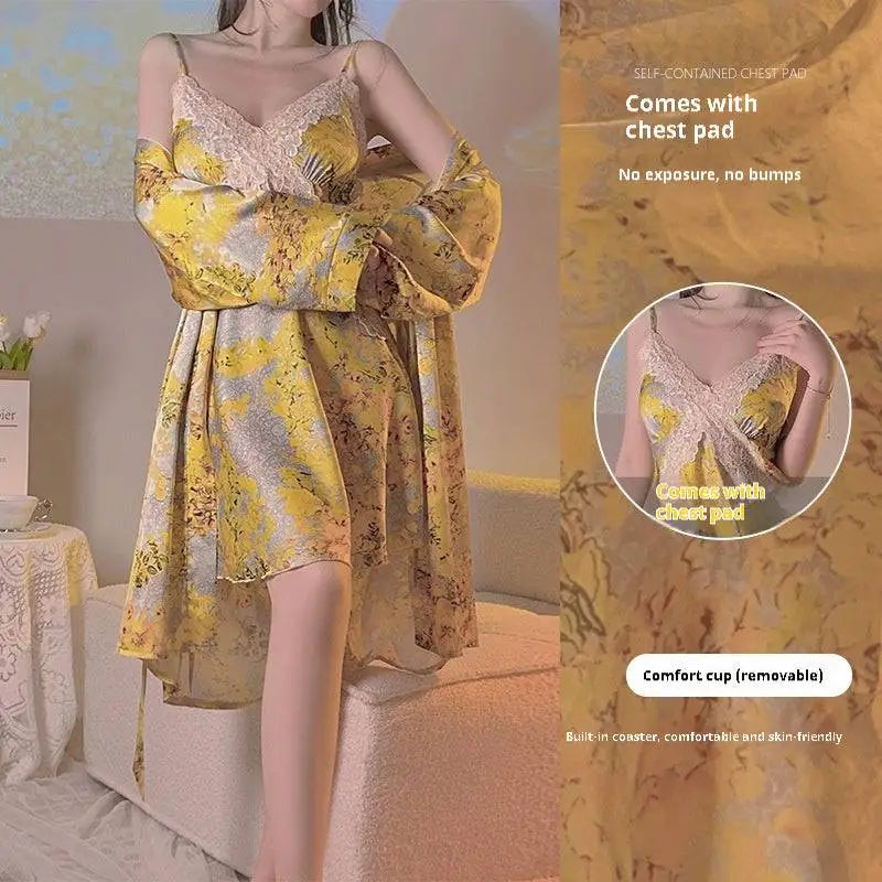 Yellow Floral Satin Cross Lace Nightdress