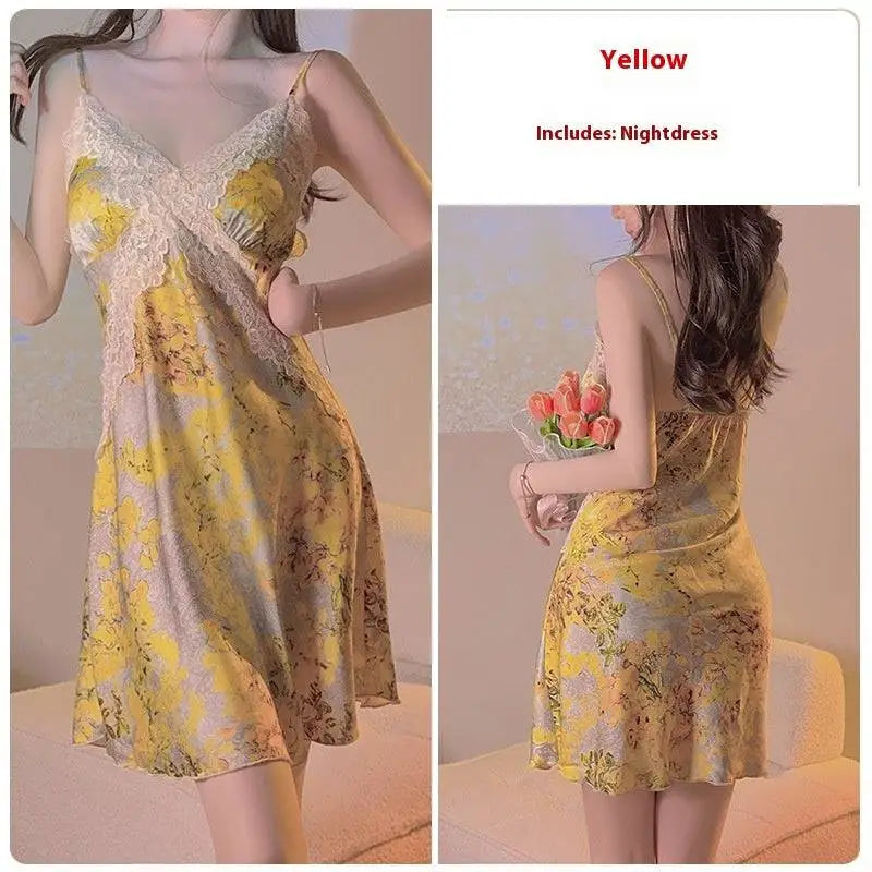 Yellow Floral Satin Cross Lace Nightdress