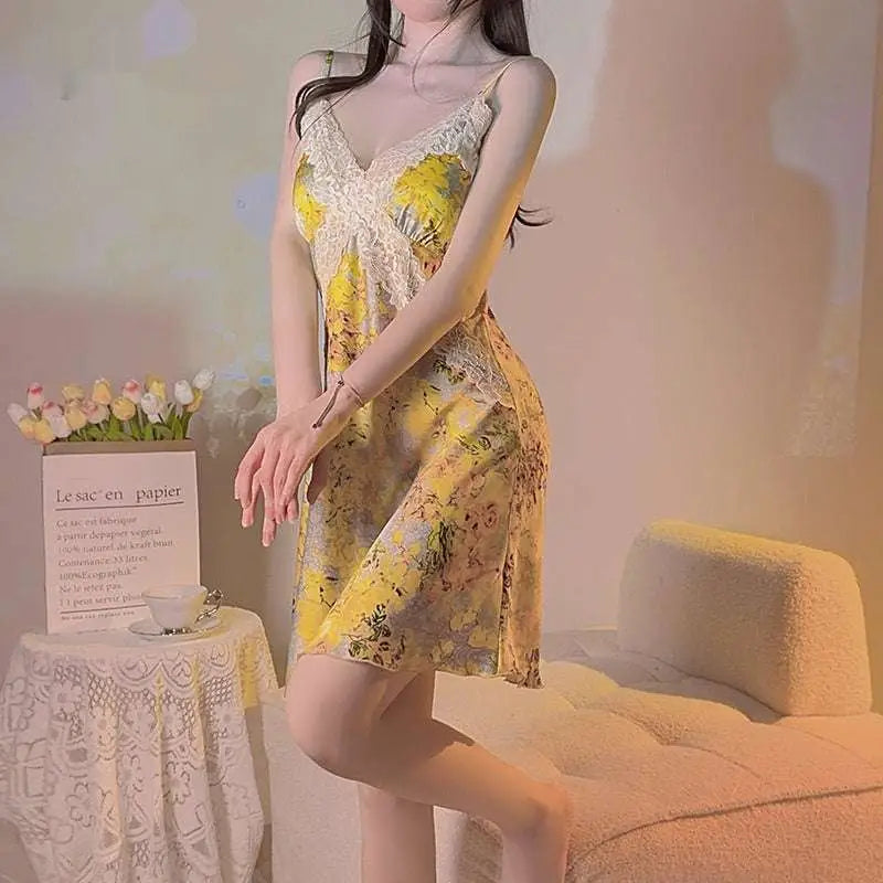 Yellow Floral Satin Cross Lace Nightdress