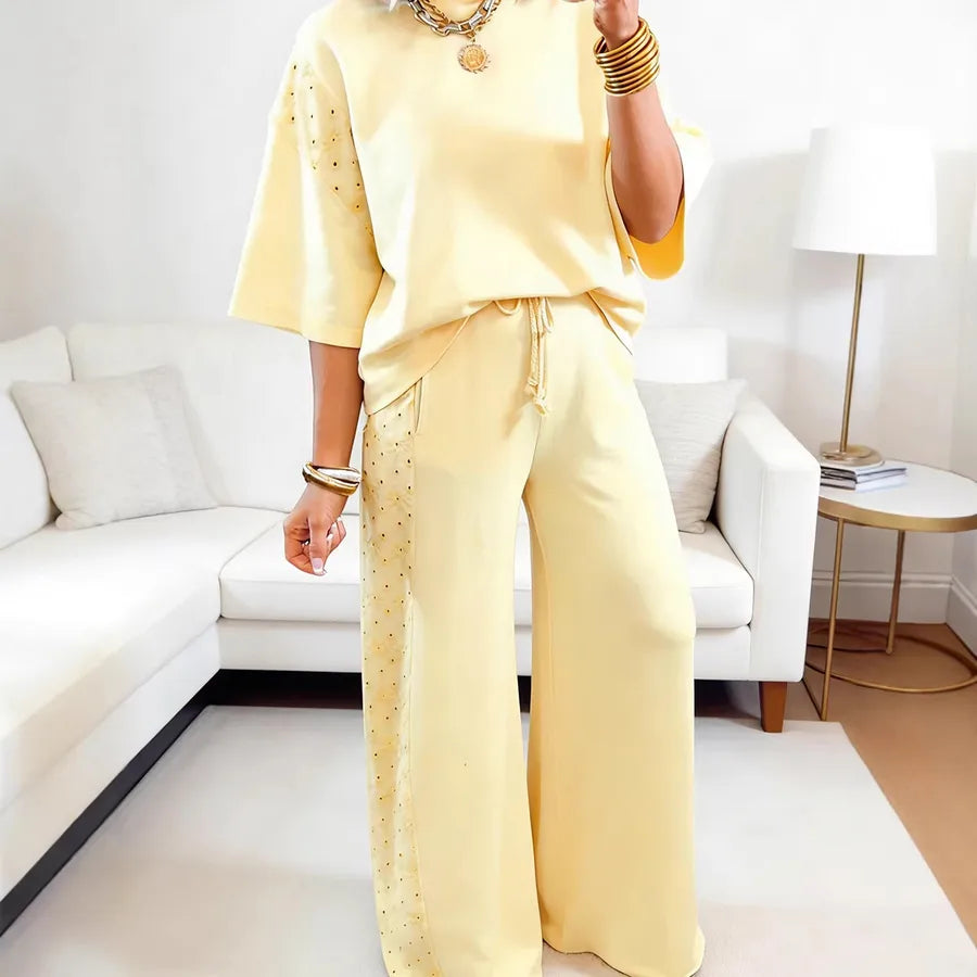 yellow Solid Color Casual Pant Co-ord Set in Simple Style Cotton Fabric with Hollow Out Craft, 2 Pieces Set