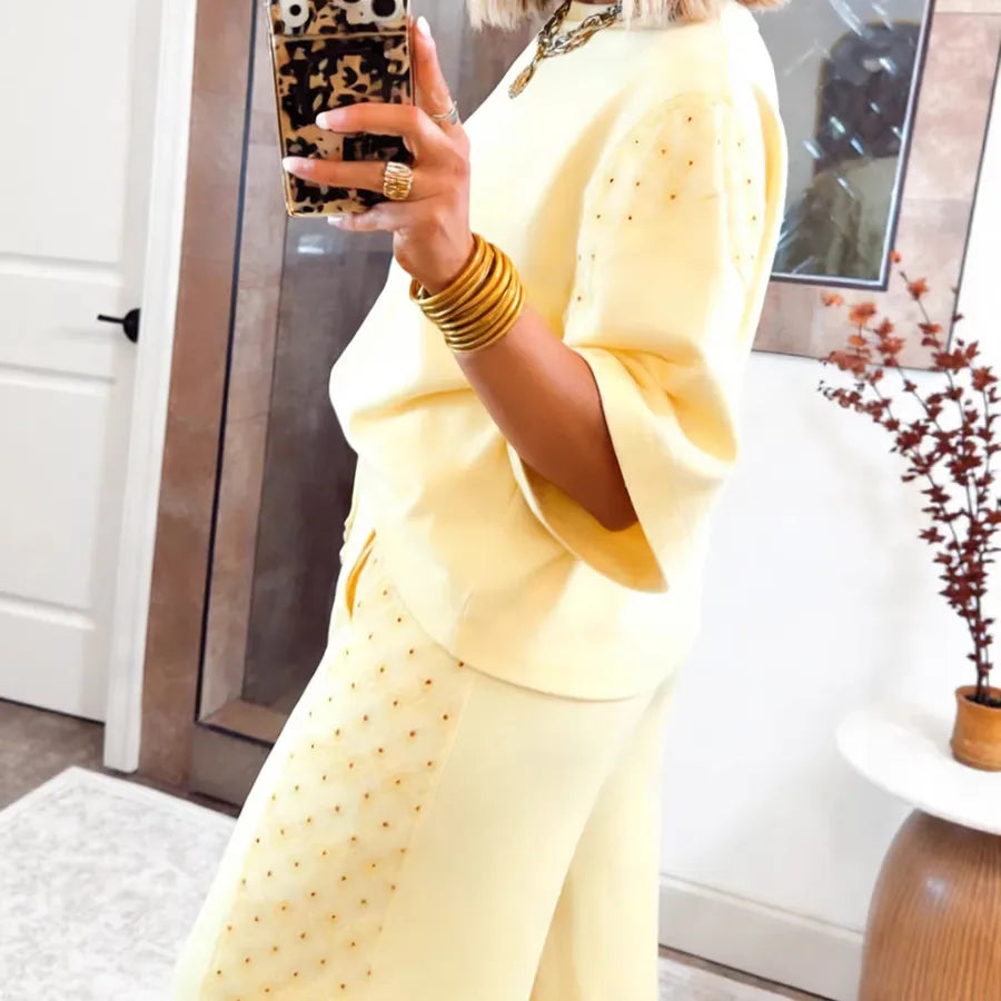 yellow Solid Color Casual Pant Co-ord Set in Simple Style Cotton Fabric with Hollow Out Craft, 2 Pieces Set