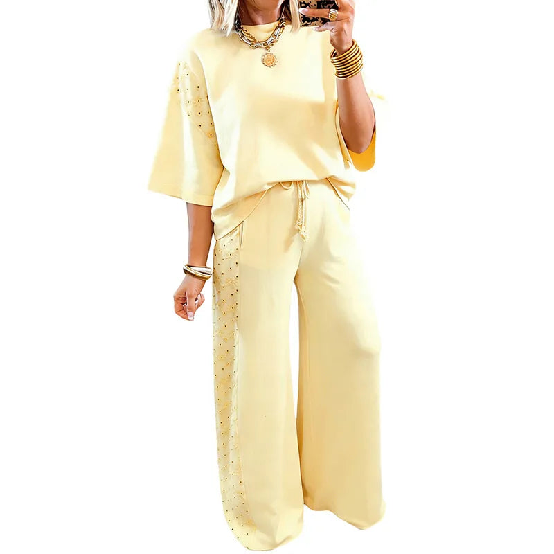 yellow Solid Color Casual Pant Co-ord Set in Simple Style Cotton Fabric with Hollow Out Craft, 2 Pieces Set