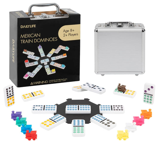 DAILYLIFE Mexican Train Dominoes Set Double 12 Dominoes Set with Portable Case 91 Tiles Colored Dominoes Set for Adults Travel Mexican Train Games for Family Night Travel Party