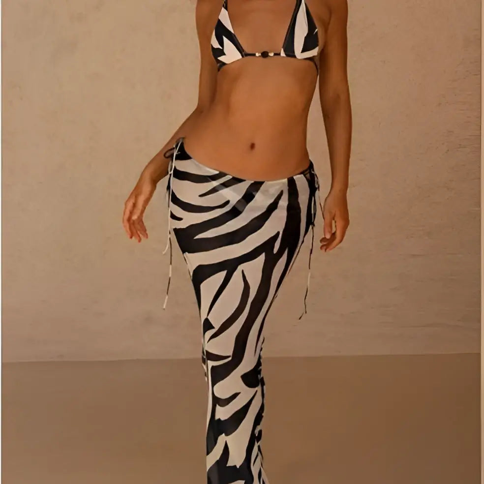 Zebra Printed Bikini Strappy Skirt Casual Suit