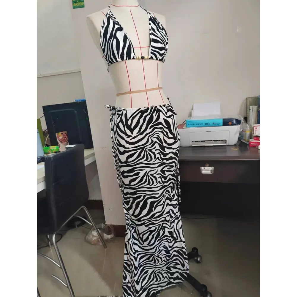 Zebra Printed Bikini Strappy Skirt Casual Suit
