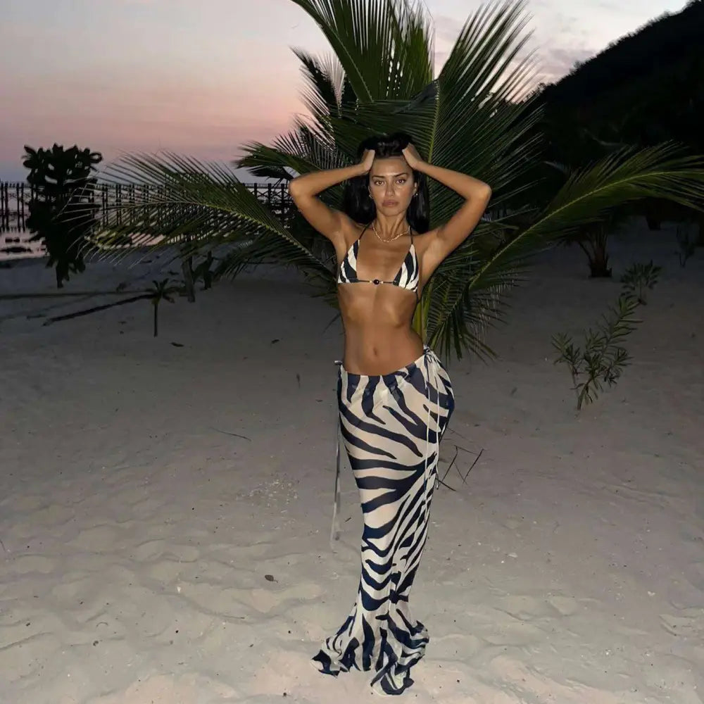 Zebra Printed Bikini Strappy Skirt Casual Suit